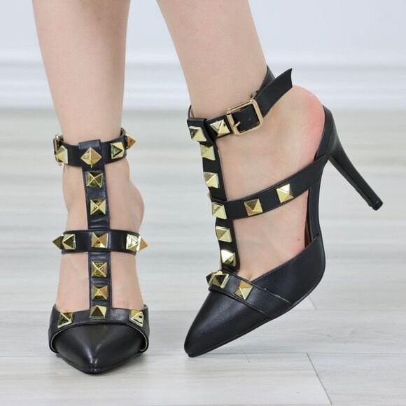Black Pointed Toe High Heels Trendy Gold Studs Ankle Strap Stiletto's - Picture 5 of 13
